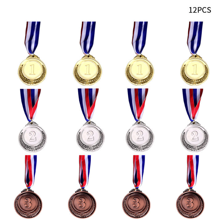 12pcs-game-gifts-with-neck-ribbon-sports-day-photo-props-gold-silver-bronze-party-for-competitions-spelling-bees-zinc-alloy-medal