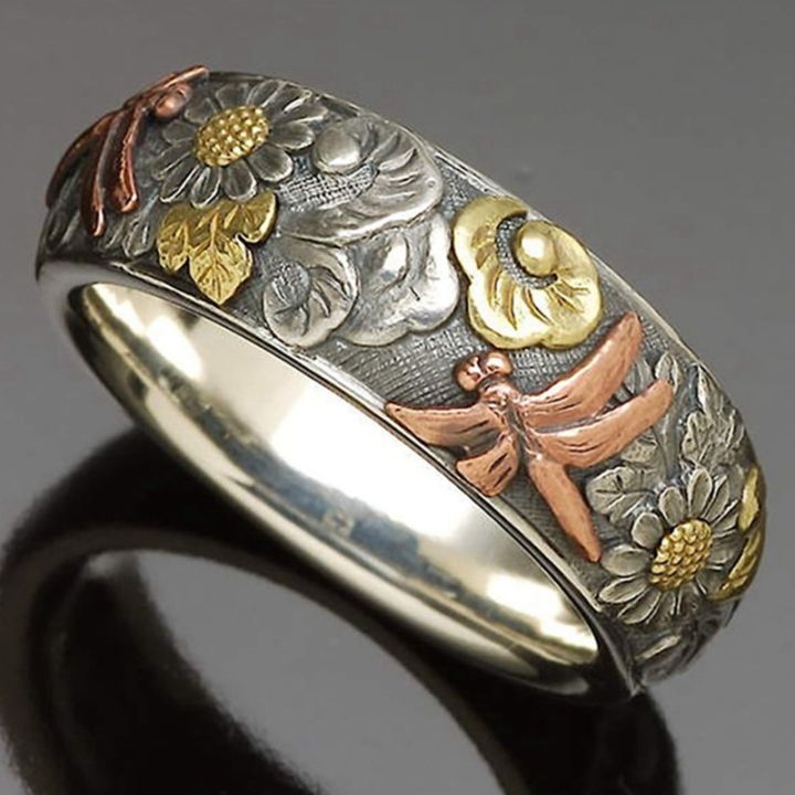 แหวนวินเทจ925เงินแท้18kสำหรับผู้หญิง-แหวนแต่งงานแหวนหมั้นลายดอกทานตะวันแมลงปอสีโรสโกลด์ขนาด5-10เหมาะสำหรับเป็นของขวัญวันครบรอบแต่งงาน