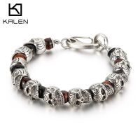 KALEN Punk สแตนเลสชายสร้อยข้อมือรูปกะโหลก8Mm เครื่องประดับลูกปัดลูกปัดหินธรรมชาติโกธิคสำหรับผู้ชาย