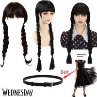 ❇ Wednesday Childs Girl Cosplay Wigs Belt Long Black Braided Bangs Wigs Halloween Carnival Party Accessories Black Long Hair Braid