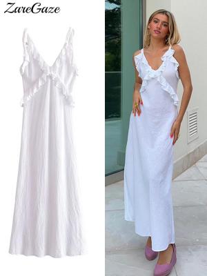 Linen Blend White Cascading Ruffle Dresses For Women Sleeveless V-neck Backless Sexy Slim Midi Dress Summer Elegant Strappy Robe