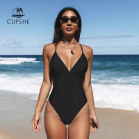 CUPSHE Cutout Back Swimsuit For Women Solid Black y V-neck Monokini Swimwear 2022 Female Bathing Suits Beachwear