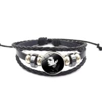 Retro Punk Jewelry Michael Jackson Glass Buckle Charm Bracelet Handmade Multilayer Black Leather Weave Bracelets for Men Women