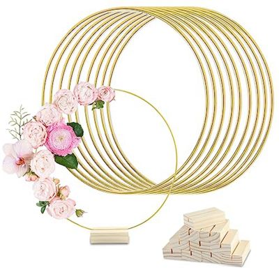 10Pcs 12In Metal Floral Hoop Centerpiece with Stand for Table,Macrame Gold Wreath Ring Centerpiece Table Decorations