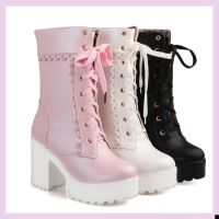 CODna68138 Foot Road Edge Pink White Black Student Soft Girl lolita High Heel Sweet Lady Leather Shoes Boots cosplay Lace