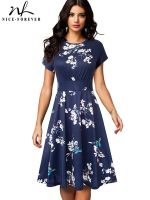 Nice-forever Vintage Elegant Floral Print Pleated Round neck vestidos A-Line Pinup Business Party Women Flare Swing Dress A102