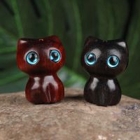 Wood Carving Sculpture Kitty Craft Desk Ornament Kawaii Cat Miniature Figurines Natural Ebony Cute Room Decoration Birthday Gift