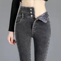 High-Waisted Jeans Womens 2022 Winter New Velvet Thickened Thin All-Match Slim Elastic Pencil Trousers