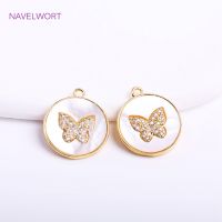 14K Gold Plated Round Butterfly Pendant Sets,ss Metal Inlaid Zircon Natural Shell Butterfly Charm Supplies For Jewelry Making