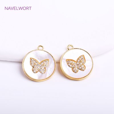 14K Gold Plated Round Butterfly Pendant Sets,ss Metal Inlaid Zircon Natural Shell Butterfly Charm Supplies For Jewelry Making