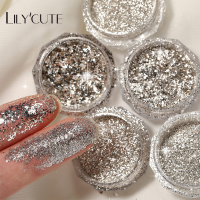 LILYCUTE เลื่อมฟอยล์ยาทาเล็บสีเงิน0.5กรัม/1กล่องสำหรับผงกากเพชรตกแต่งศิลปะเล็บเกล็ดแวววาวแบบไม่สม่ำเสมอ