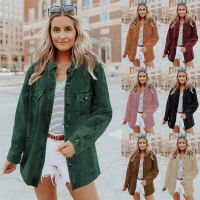 2022 autumn and winter new corduroy loose cardigan large size womens solid color lapel mid-length shirt jacket ❤