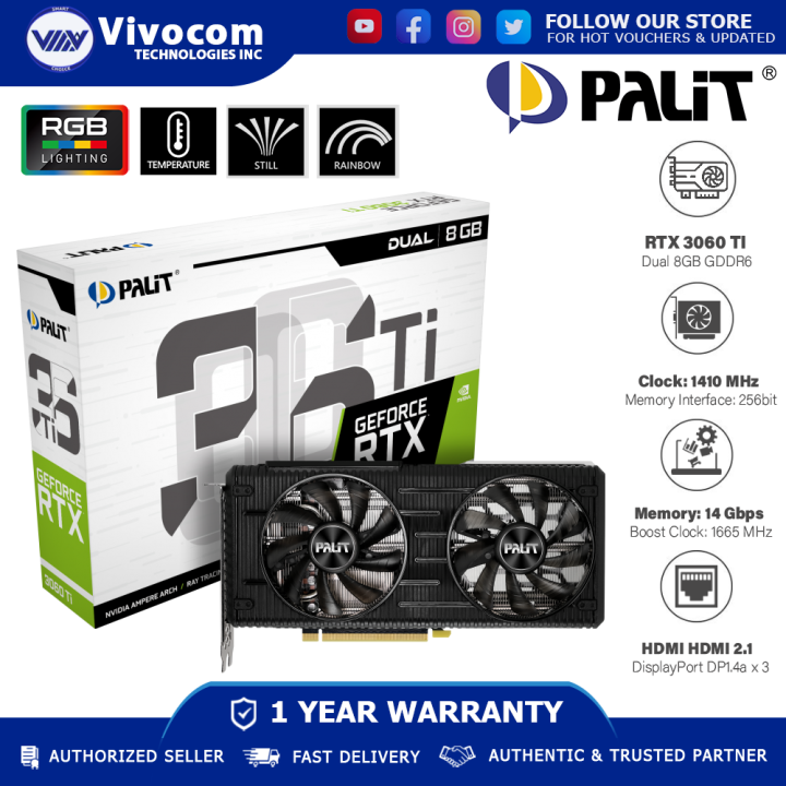 PALIT RTX3060TI DUAL 8G GDDR6 256BIT 3-DP HDMI VGA 2 FANS [RGB