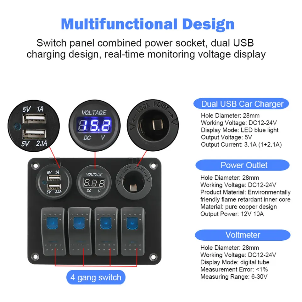 Gang Rocker Switch Panel, Multi-Function LED Digital Voltmeter with 3.1A Dual USB Charger Cigarette Lighter Socket, 12 24V Wired Toggle Switch Panel - 1