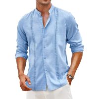 เสื้อ Guayabera แนวคิวบาของผู้ชายผ้าลินินปกเสื้อแบนด์ปุ่มแขนยาวลำลอง Baju Atasan Pantai ฤดูร้อน