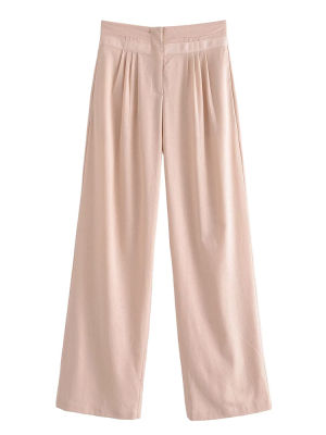 YENKYE 2023ผู้หญิงสีชมพูผ้าลินินผสมกางเกงจีบวินเทจกลางเอวกระเป๋าหญิงสบายๆกางเกงขากว้าง