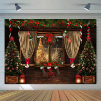 Mocsicka Wooden Wall Window Christmas Tree Wreath Photo Background Gold Curtains Christmas Family Portrait Photography Backdrops Bar  Wine Tools