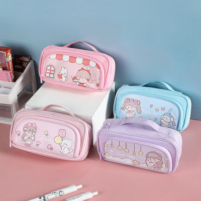 Cartoon Student Canvas Pencil case Love Multi functional Large Capacity Pencil Bag Stationery Box