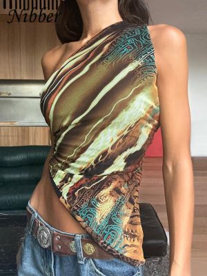 【HOT】✜๑ Nibber Irregular Print Tanks Incline Shoulder Sleeveless Body-shaping Hipster vest Female Streetwear Attirewea
