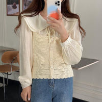 Korean chic gentle wind Lace Up Doll neck loose shirt top + single breasted knitted suspender Vest Set