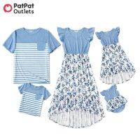 【YF】 PatPat Family Matching Light Blue V Neck Flutter-sleeve Splicing Floral Print Irregular Hem Dresses T-shirts Sets Summer Woman