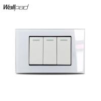 US 3 Gang 1 Way 2 Way On Off Light Switch Wallpad L3 White Glass Wall Panel 118*75mm AU IT IL Push Button Rocker Pass Switch 6M Power Points  Switches