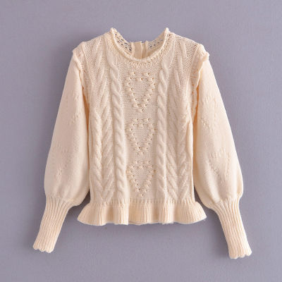 Autumn Solid Color Knitted Twist Puff Long sleeve Pullover Sweater Ruffles Hem High Waist Mini Skirt 1 Set