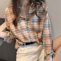 ๑◎﹍ Large Size Checked Long-Sleeved Shirt Fashion Age-Reducing Retro Hong Kong Style Casual Korean Version Loose Cardigan Top