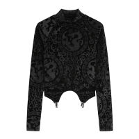 Stand Collar Long Sleeve Crop T Shirt Women Black Chic Print  Spring Vintage Streetwear Party Clubwear Tide Ins Tops Tees