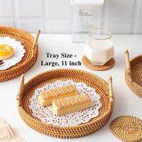 Coffee Table Decorative Tray Hand Woven, Wicker Serving Tray with Handles Rattan Tray Basket for Living Room