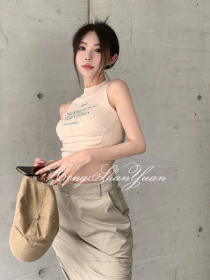 HengShanYuan เสื้อกั๊กผู้หญิงสไตล์ยุโรปและอเมริกาพิมพ์รอบคอตัวอักษรเสื้อยืดแขนกุดเสื้อยืดแขนกุดสไตล์ Y2K