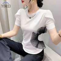 YIMEI เสื้อยืดผู้หญิงสวยๆ,เสื้อยืดแขนพอง2023ผ้าฝ้ายสีขาวฉบับพอดีตัวเกาหลีใหม่ฤดูร้อนผ้าระบายขอบ