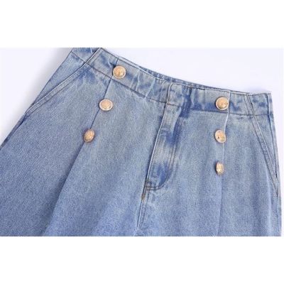 European American Wholesale 2022 Summer Buttoned Decoration Wide-Leg Jeans Womens Straight-Leg Pants N8-54770