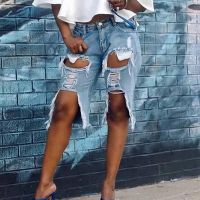 【hot】 Ripped Hole Knee Length Baggy Denim Shorts Loose Straight Short Jeans Indie Fashion 2023 Size Streetwear