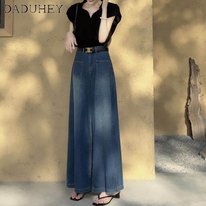 daduhey-womens-korean-style-new-summer-retro-washed-out-jeans-high-waist-wide-leg-loose-dropping-casual-mop-pants