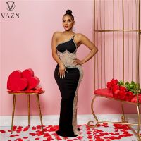 VAZN 2023 Fashion Women New High Street Style Long Dress Sleeveless One Shoulder Dress Pure Color Floor Length Dress