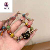 MZP สายที่มีสีสัน กำไลแมวดำ หินธรรมชาติหิน สไตล์จีนใหม่ สร้อยข้อมือลูกปัดทำด้วยมือ รูปทรงเรขาคณิต กระจกสำหรับผู้หญิง แหวนมือการ์ตูน ของขวัญสำหรับเด็ก