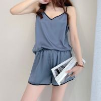 Uniqlo high quality new pajamas womens summer new ice silk V-neck small fresh Korean suspender shorts home service two-piece set thin original