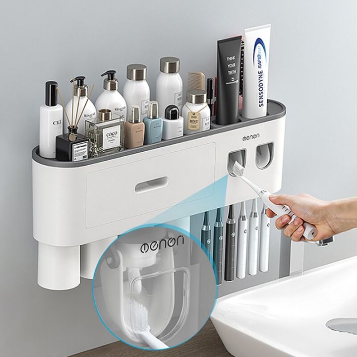 ที่วางแปรงสีฟันติดผนังพร้อมเครื่องจ่ายยาสีฟัน2อัน-ph-free-ที่เก็บของในห้องน้ำสำหรับบ้านอุปกรณ์ห้องน้ำกันน้ำ