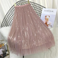 TIGENA Fashion Sequined Long Tulle Skirt Women Aesthetic Korean Casual A Line Elastic High Waist Midi Mesh Skirt Female Pink