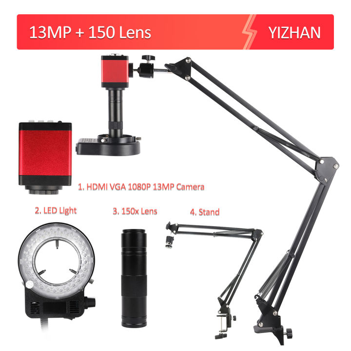 hdmi-กล้องจุลทรรศน์ดิจิตอลสำหรับอุปกรณ์อิเล็กทรอนิกส์กล้องจุลทรรศน์13mp-vga-กล้อง150x-c-mount-เลนส์คานสนับสนุนสำหรับซ่อมโทรศัพท์