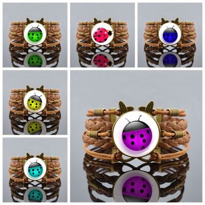 Cartoon Insect Brown Knit Leather Bracelet Fashion Glass Dome Jewelry Accessories Bangles Colorful Insect Handcrafted Gifts