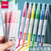 High-end Original Deli double-headed highlighter fluorescent marker pen light-colored students use tasteless candy-colored marker pen color pen fluorescent rough stroke focus silver light set of 6-color set for note-taking pens