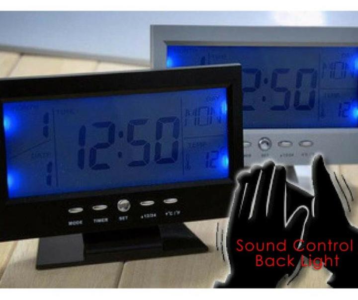 นาฬิกาตั้งโต๊ะแสดงอุณหภูมิ-4in1-voice-control-back-light-lcd-clock-มีแสงไฟชนิดเซ็นเซอร์-แสดงอุณหภูมิได้-ตั้งปลุกเสียงดนตรี-8แบบ-ปฏิทิน-100ปี-ใช้ถ่านไฟฉาย