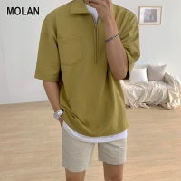 MOLAN เสื้อโปโลแขนสั้นคอปกวินเทจของผู้ชายเสื้อลำลองแขนสั้นแฟชั่น