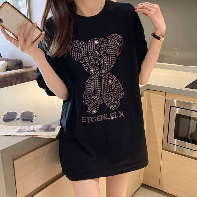 Beading Bear Women T-shirt Harajuku Oversize Short-Sleeved HIp Hop Women Cotton Loose Crystal Korean Ins Female Clothes