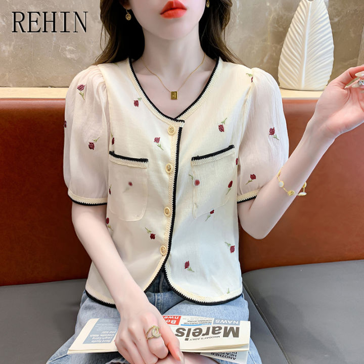 rehin-เสื้อปักดอกไม้พังสดใสขนาดเล็กคอวีของผู้หญิง-เสื้อปักลายเก๋ๆเสื้อแขนสั้น2023ฤดูร้อนใหม่