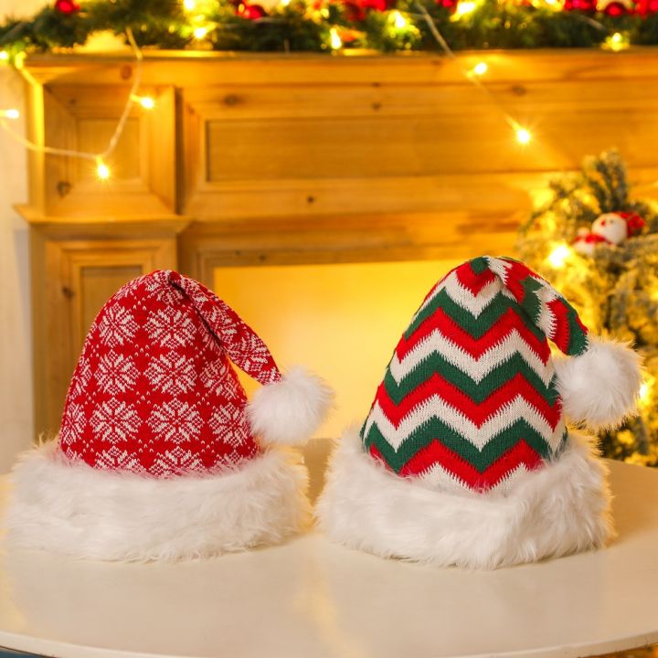 หมวกถักไหมพรมหมวกคริสต์มาสซานตาคลอส-หมวกไหมพรมคริสต์มาสนิ่มลายเกล็ดหิมะของขวัญคริสต์มาสเด็กหนาอบอุ่น