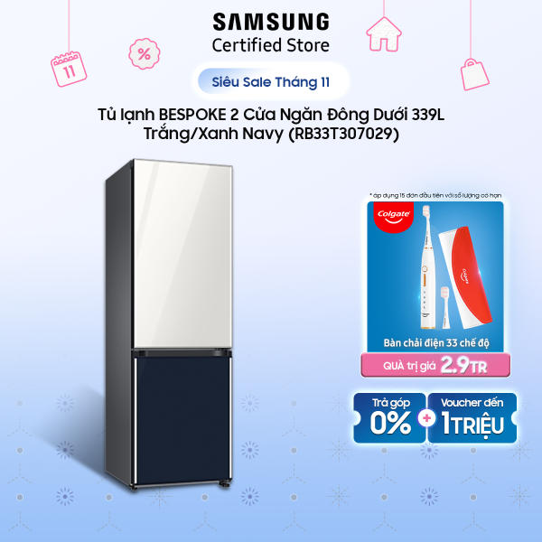 Tủ lạnh Samsung BESPOKE 2 Cửa Ngăn Đông Dưới 339 lít Trắng/Xanh Navy (RB33T307029)
