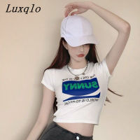 Luxqlo เสื้อยืดแขนสั้นพิมพ์ลายแฟชั่นฉบับภาษาเกาหลีสำหรับผู้หญิงเพรียวบางสำหรับฤดูร้อนเสื้อยืดลำลอง